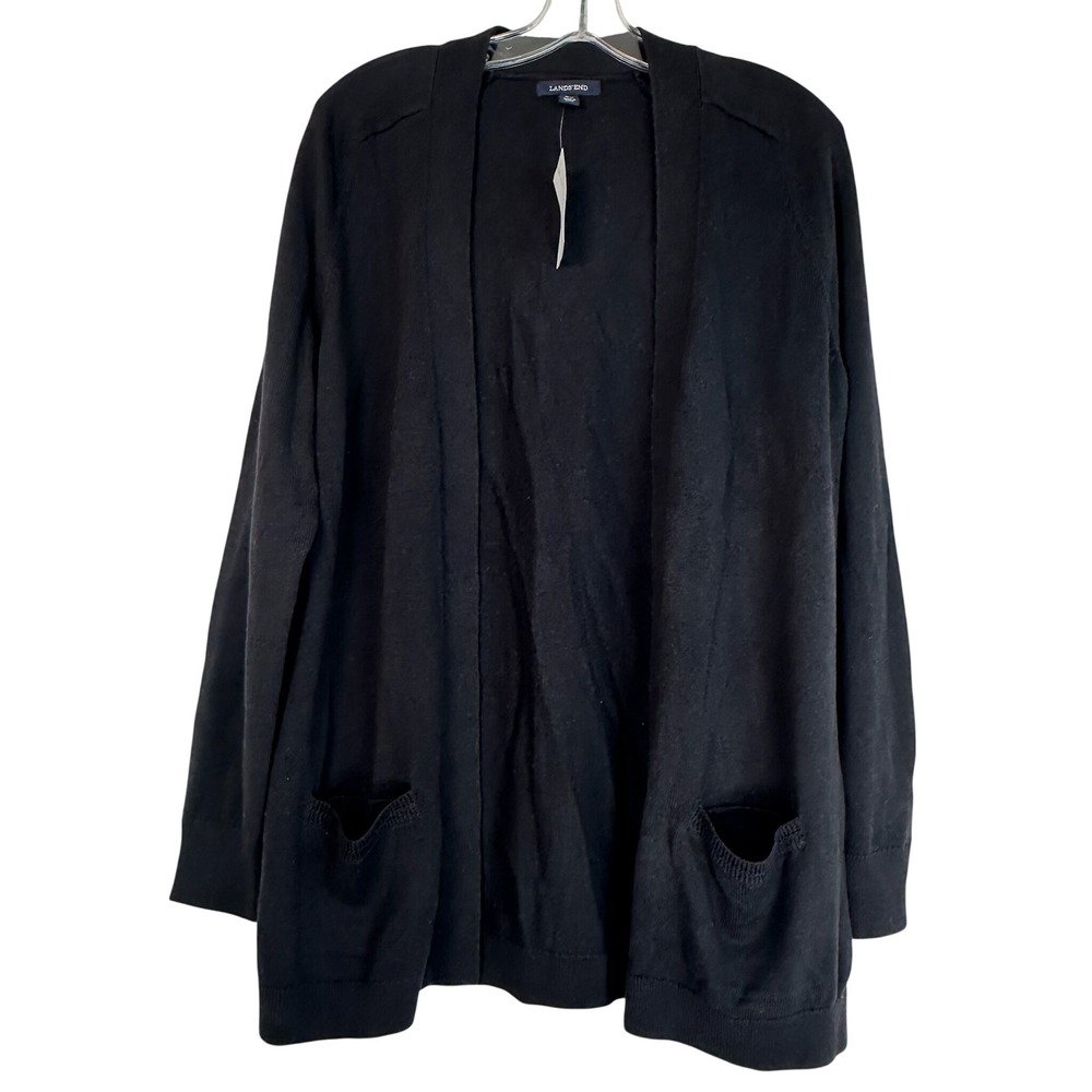 Lands' End Womens Black Open Front Cardigan Sweater Pockets Size M 10-12